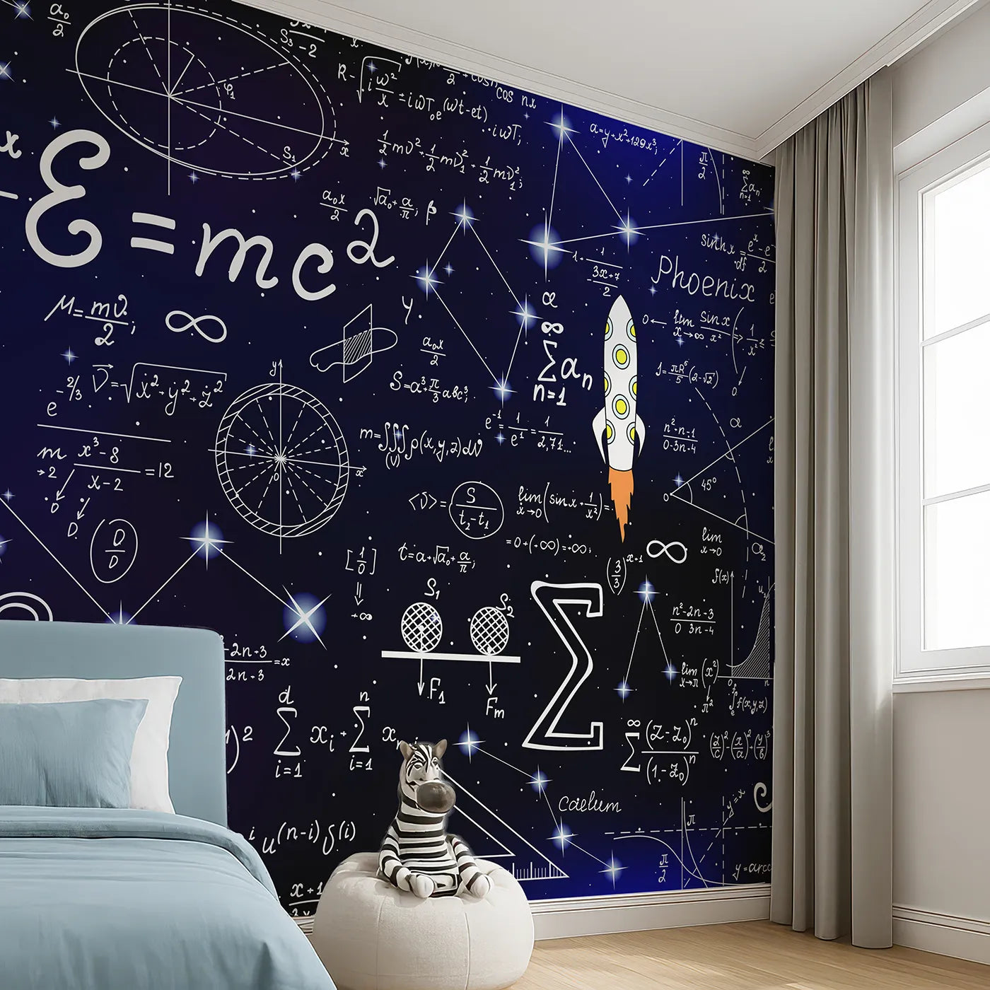 Angled view of Whimsy Tots' Cosmic Equations Wall Mural (Turn Their Room into a Universe of Discovery).Gender-Neutral