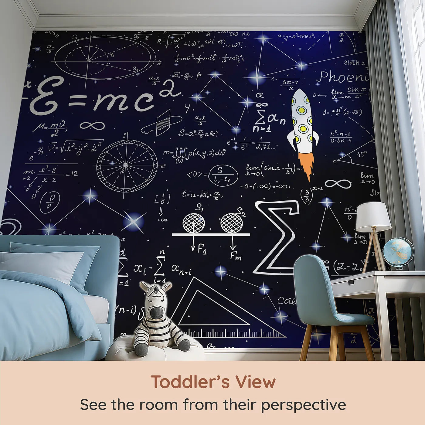 Whimsy Tots Cosmic Equations Wall Mural (Turn Their Room into a Universe of Discovery) from your child's view.Gender-Neutral
