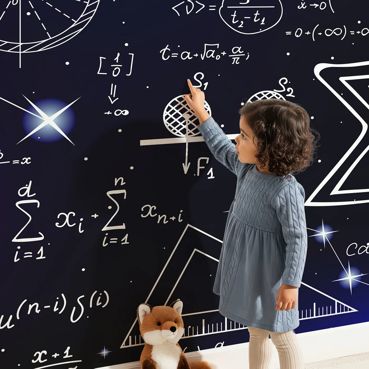Child in front of Whimsy Tots Cosmic Equations Wall Mural with science, math, space, rocket, equation, number, star in design.