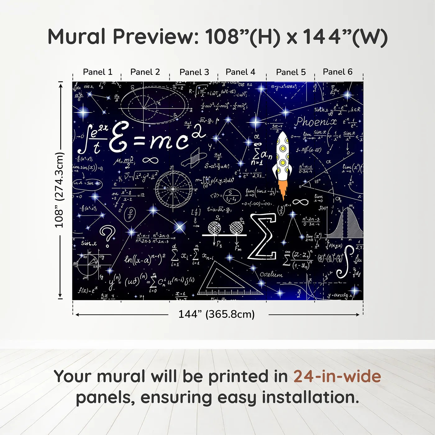 Whimsy Tots Cosmic Equations Wall Muraldimension view (108" H x 144" W). Printed in six 24-inch-wide panels. Gender-Neutral