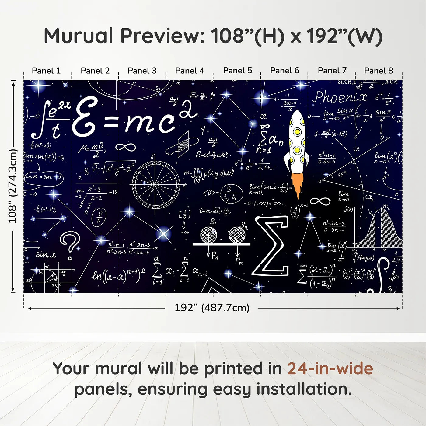 Whimsy Tots Cosmic Equations Wall Muraldimension view (108" H x 192" W). Printed in eight 24-inch-wide panels. Gender-Neutral