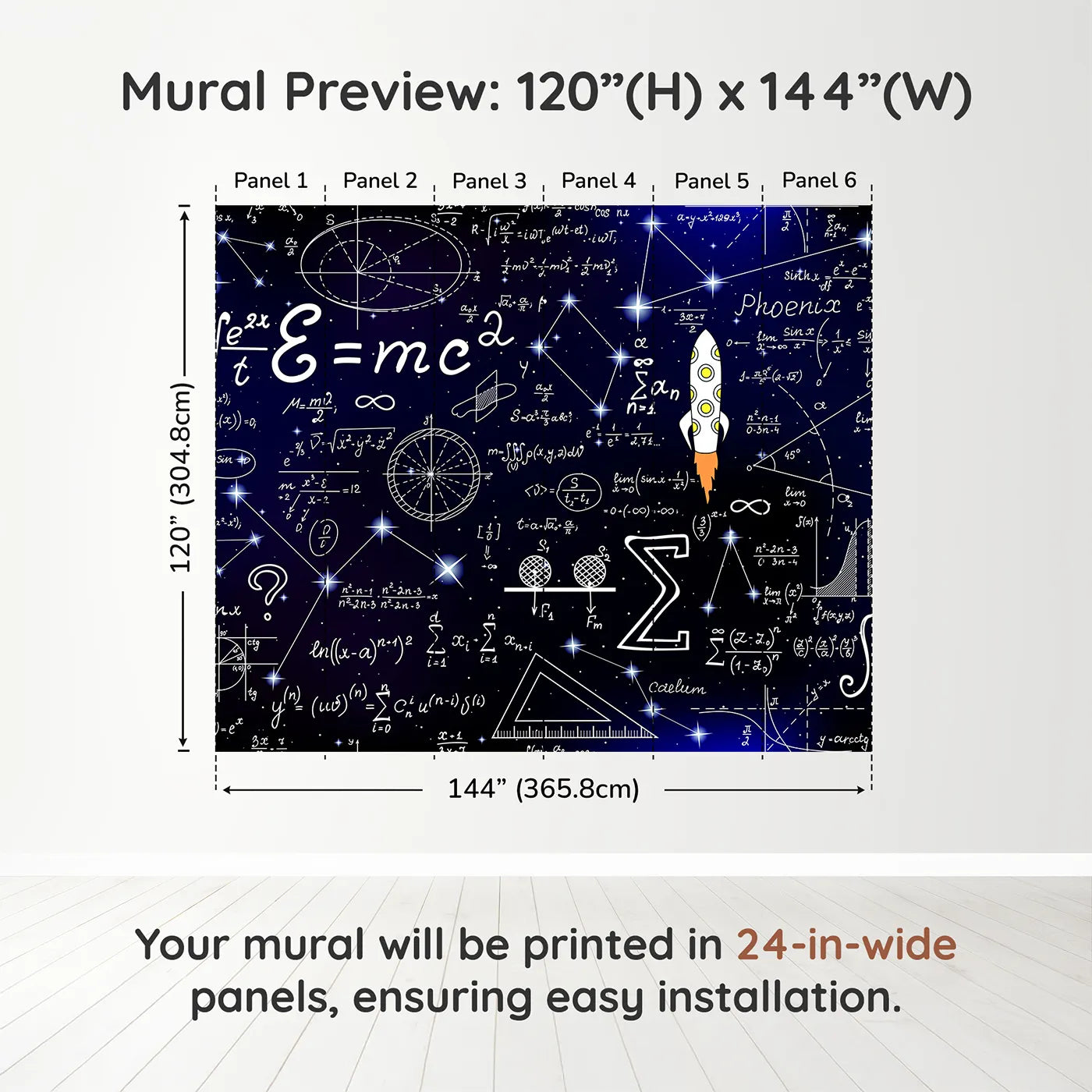 Whimsy Tots Cosmic Equations Wall Muraldimension view (120" H x 144" W). Printed in six 24-inch-wide panels. Gender-Neutral