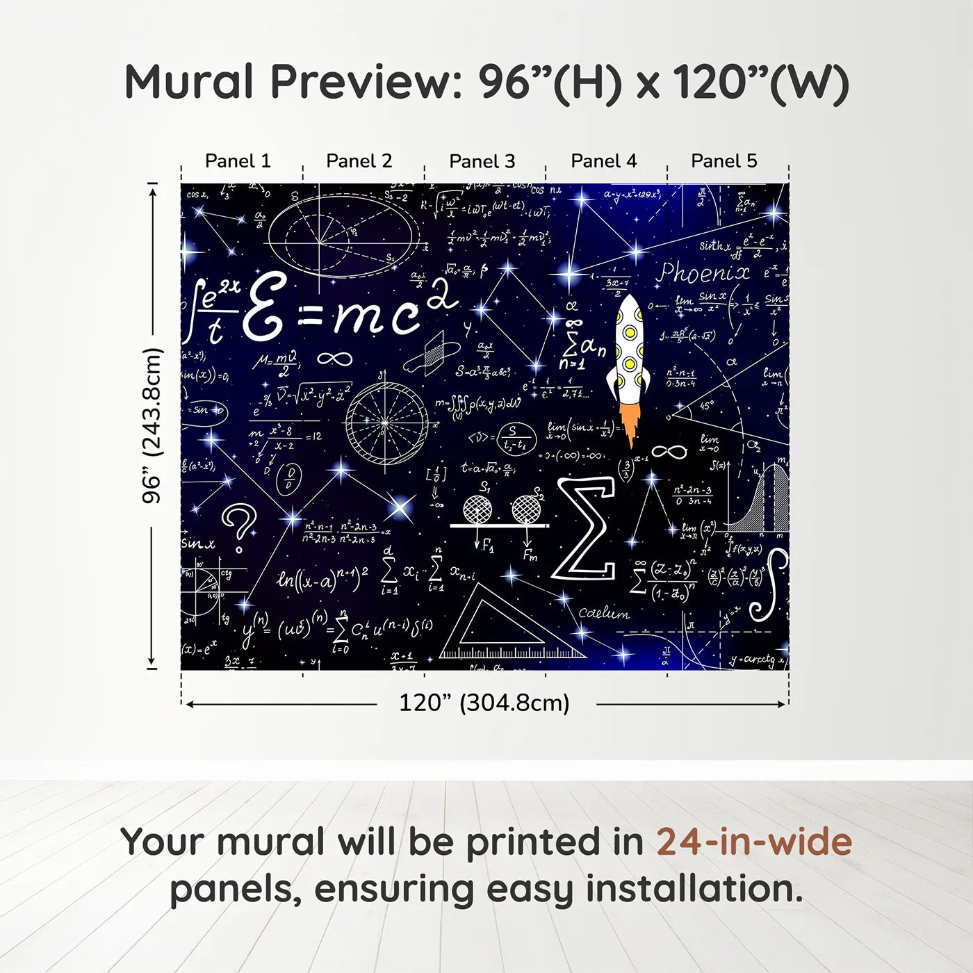 Whimsy Tots Cosmic Equations Wall Muraldimension view (96" H x 120" W). Printed in five 24-inch-wide panels. Gender-Neutral