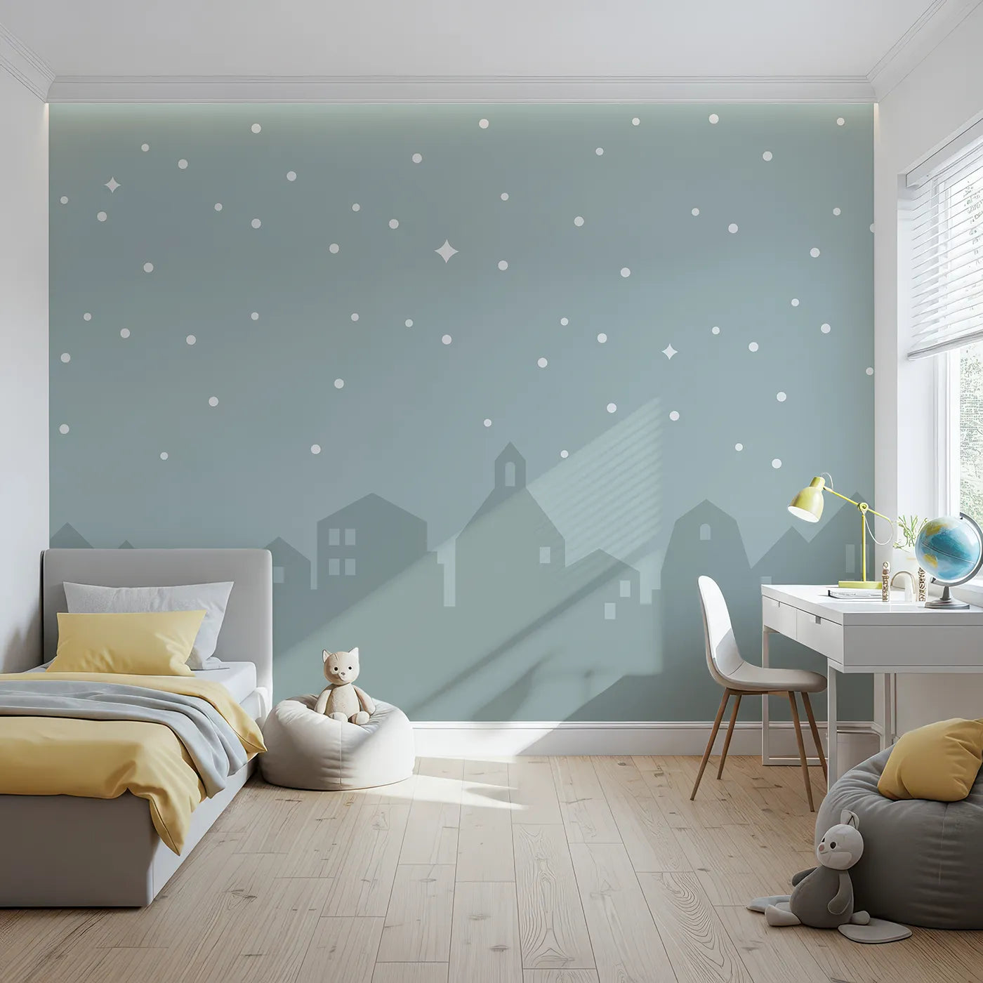 Front view of Whimsy Tots' Starry Night Village Wall Mural