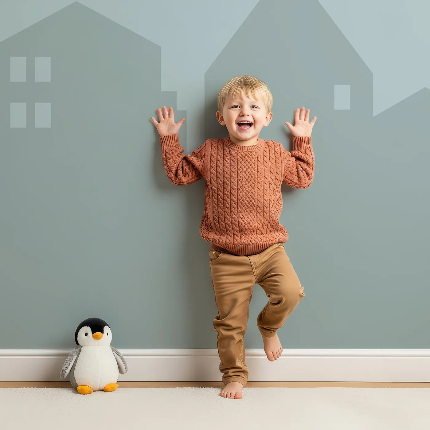 Child in front of Whimsy Tots Starry Night Village Wall Mural with village, town, house, star, night, sky, silhouette in design.