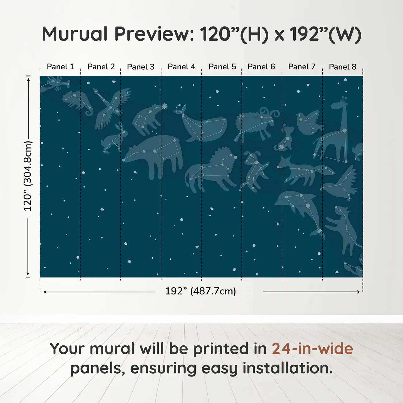 Whimsy Tots Animal Constellations Wall Muraldimension view (120" H x 192" W). Printed in eight 24-inch-wide panels. Gender-Neutral
