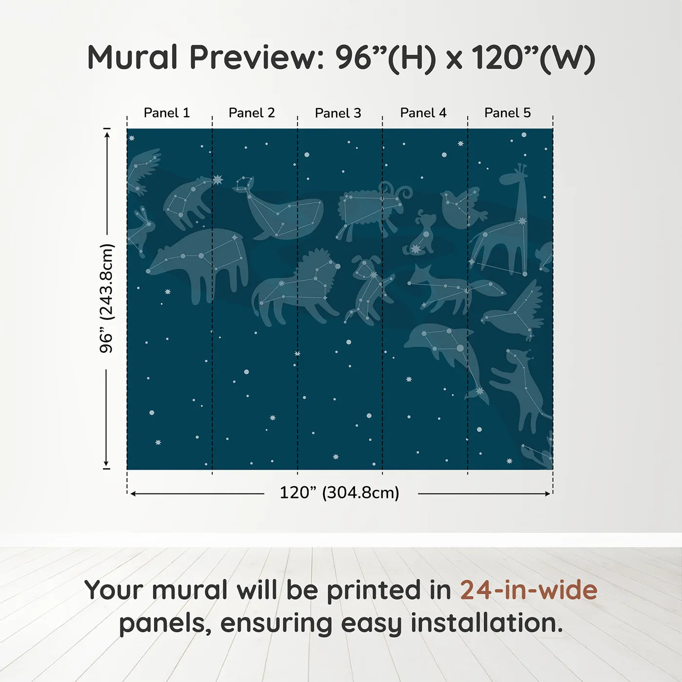 Whimsy Tots Animal Constellations Wall Muraldimension view (96" H x 120" W). Printed in five 24-inch-wide panels. Gender-Neutral