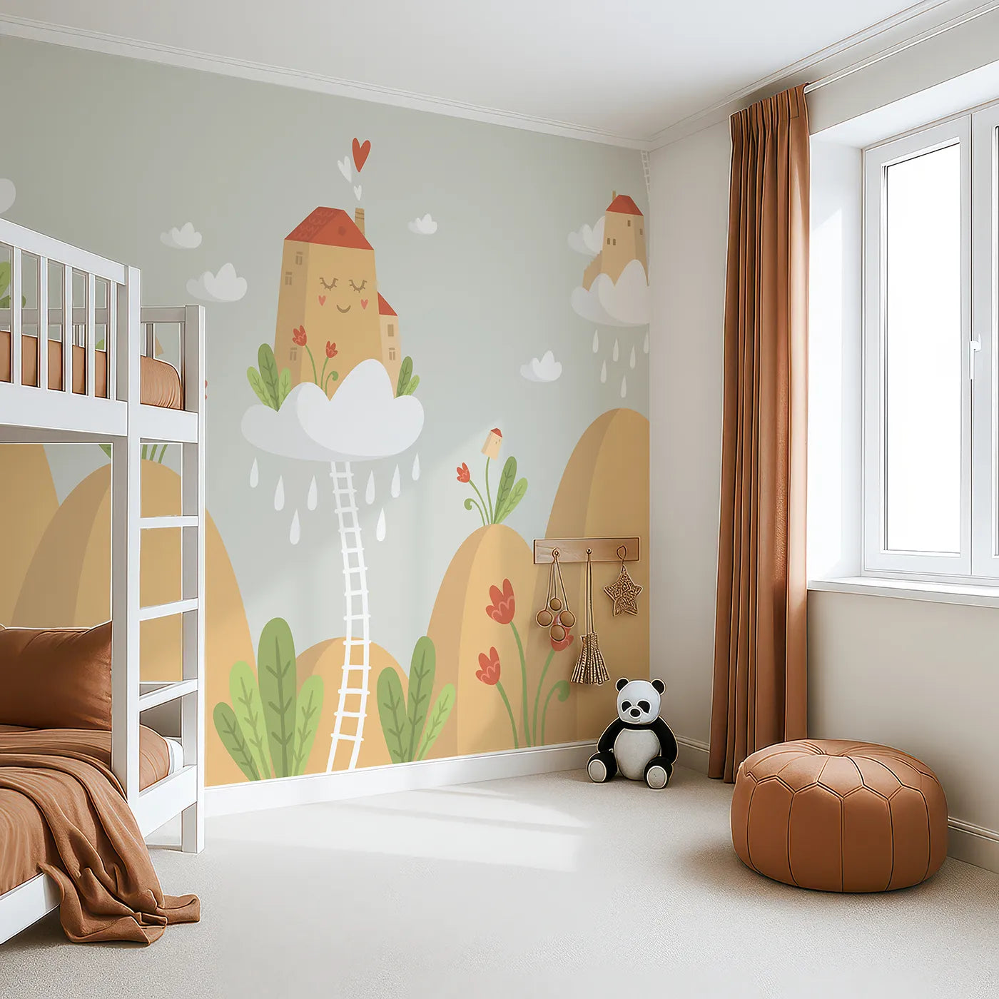 Angled view of Whimsy Tots' Houses in the Clouds Wall Mural in Beige (Turn Their Room into a Whimsical Dreamscape).Gender-Neutral