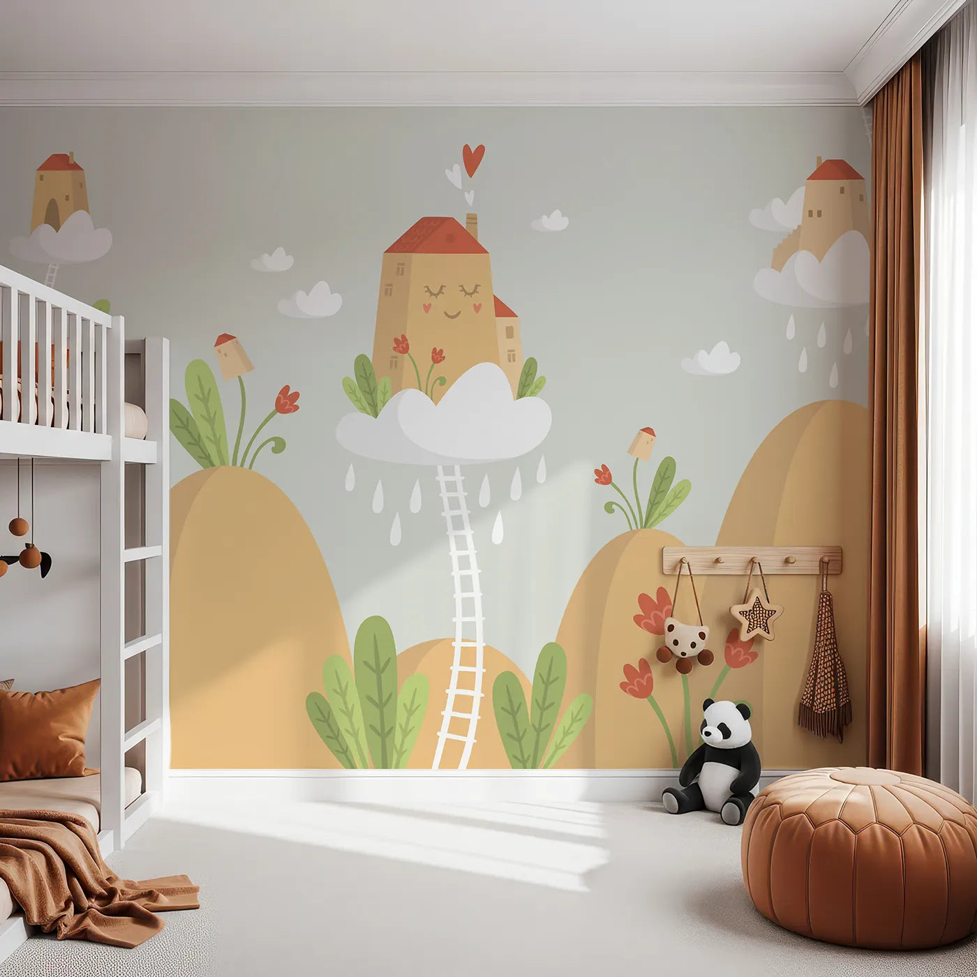 Front view of Whimsy Tots' Houses in the Clouds Wall Mural in Beige