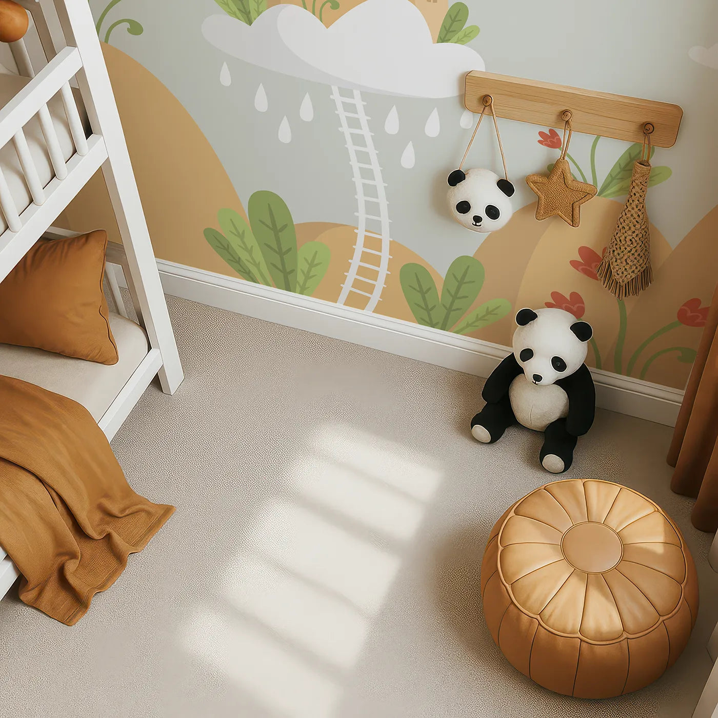 Top-down view of Whimsy Tots' Houses in the Clouds Wall Mural in Beige (Turn Their Room into a Whimsical Dreamscape).Gender-Neutral