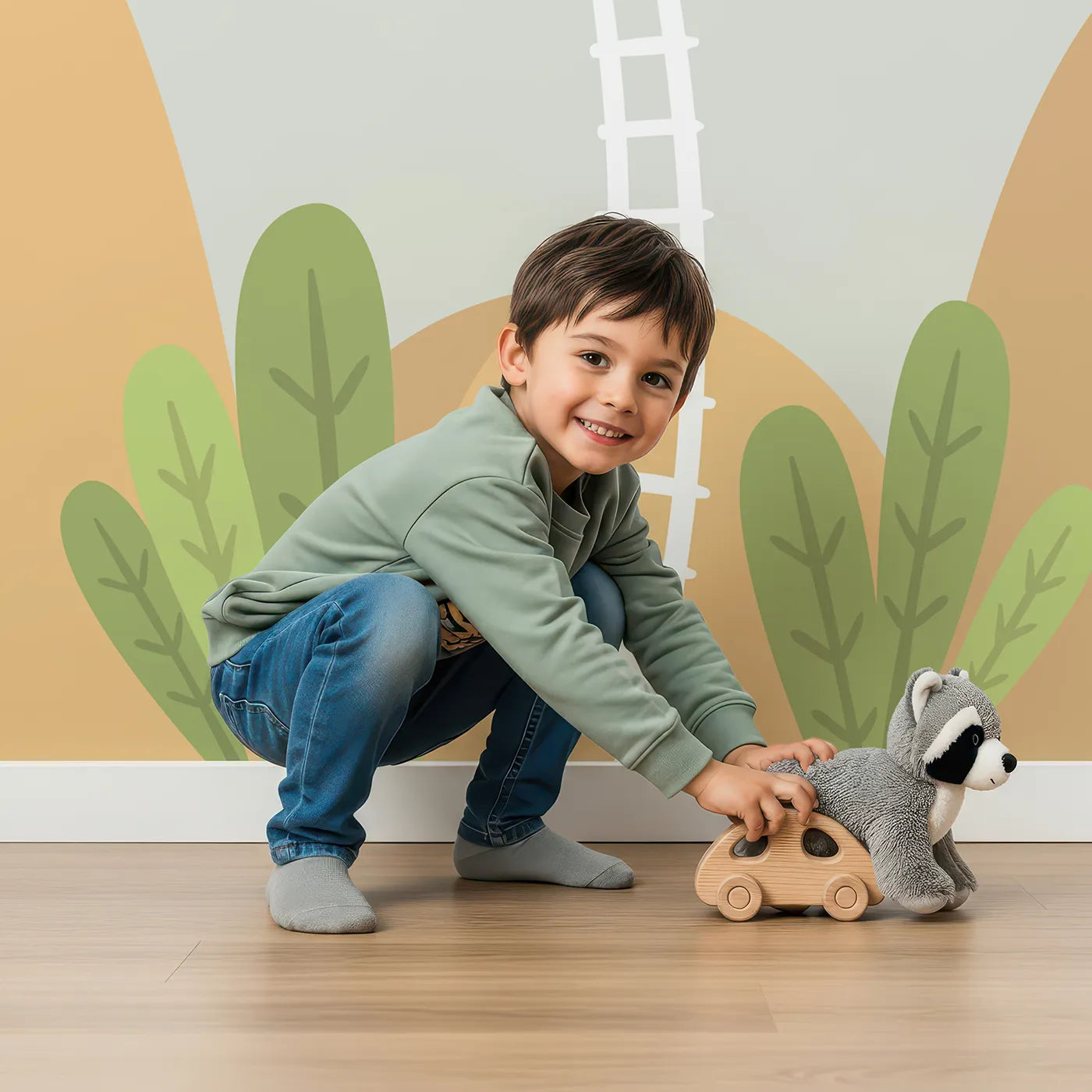 Child in front of Whimsy Tots Houses in the Clouds Wall Mural in Beige with house, cloud, hill, ladder, flower, heart, sky in design.