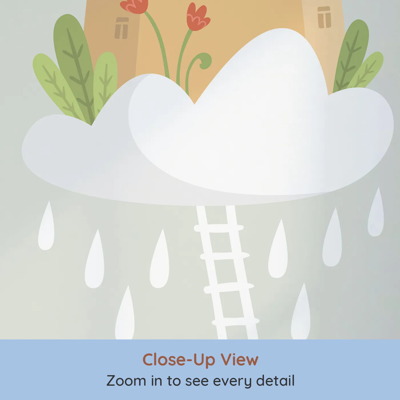 Close-up view of Whimsy Tots' Houses in the Clouds Wall Mural in Beige (Turn Their Room into a Whimsical Dreamscape).Gender-Neutral