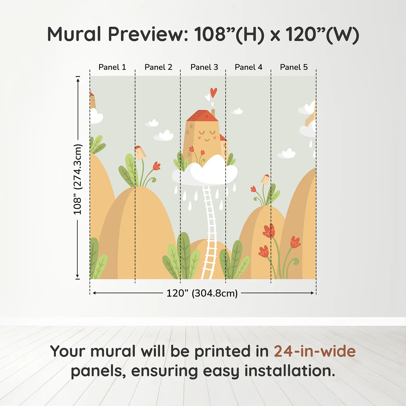 Whimsy Tots Houses in the Clouds Wall Mural in Beigedimension view (108" H x 120" W). Printed in five 24-inch-wide panels. Gender-Neutral