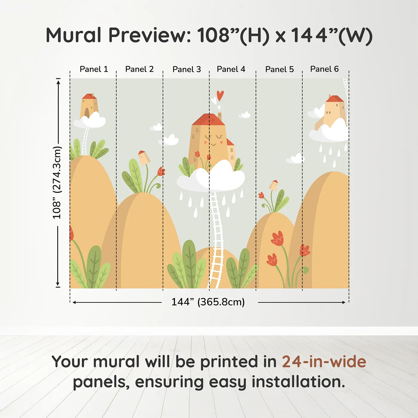 Whimsy Tots Houses in the Clouds Wall Mural in Beigedimension view (108" H x 144" W). Printed in six 24-inch-wide panels. Gender-Neutral