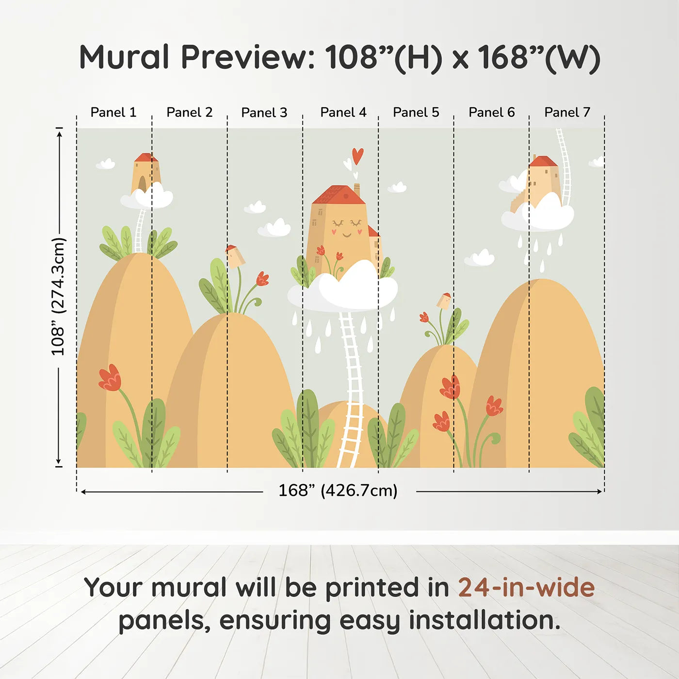 Whimsy Tots Houses in the Clouds Wall Mural in Beigedimension view (108" H x 168" W). Printed in seven 24-inch-wide panels. Gender-Neutral