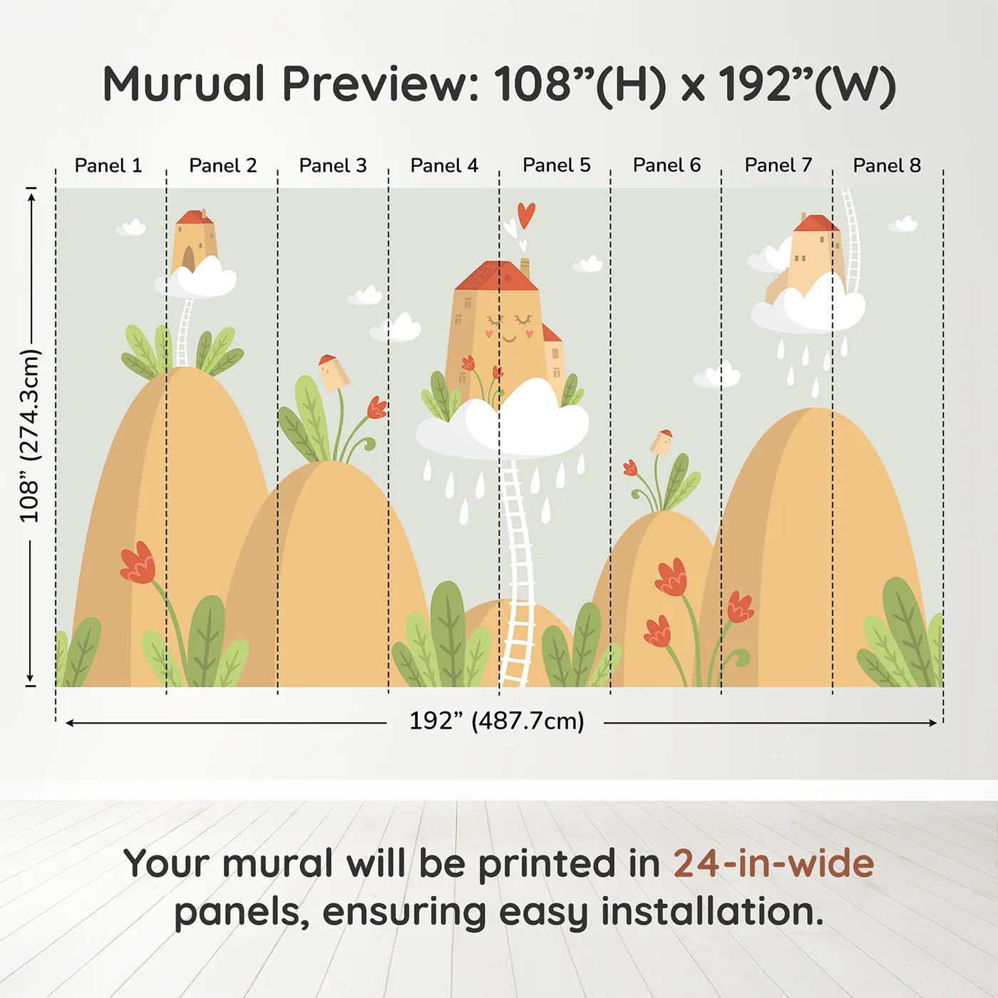 Whimsy Tots Houses in the Clouds Wall Mural in Beigedimension view (108" H x 192" W). Printed in eight 24-inch-wide panels. Gender-Neutral