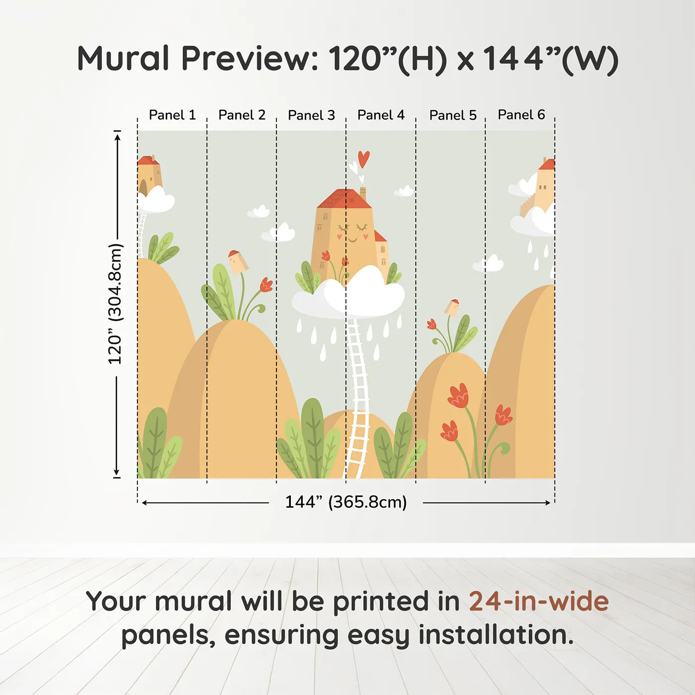 Whimsy Tots Houses in the Clouds Wall Mural in Beigedimension view (120" H x 144" W). Printed in six 24-inch-wide panels. Gender-Neutral