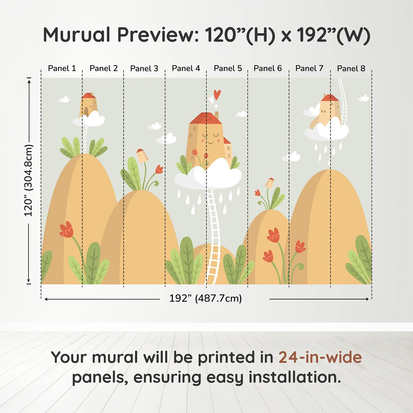 Whimsy Tots Houses in the Clouds Wall Mural in Beigedimension view (120" H x 192" W). Printed in eight 24-inch-wide panels. Gender-Neutral