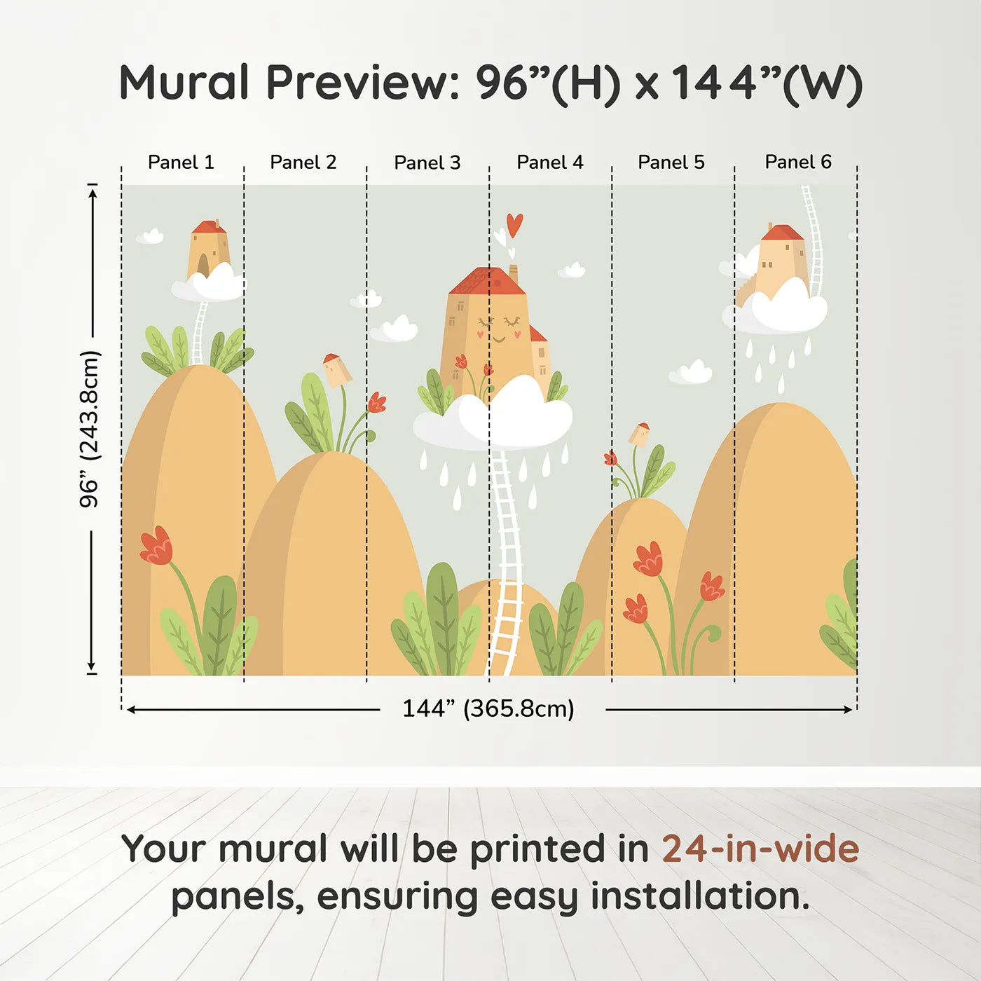 Whimsy Tots Houses in the Clouds Wall Mural in Beigedimension view (96" H x 144" W). Printed in six 24-inch-wide panels. Gender-Neutral