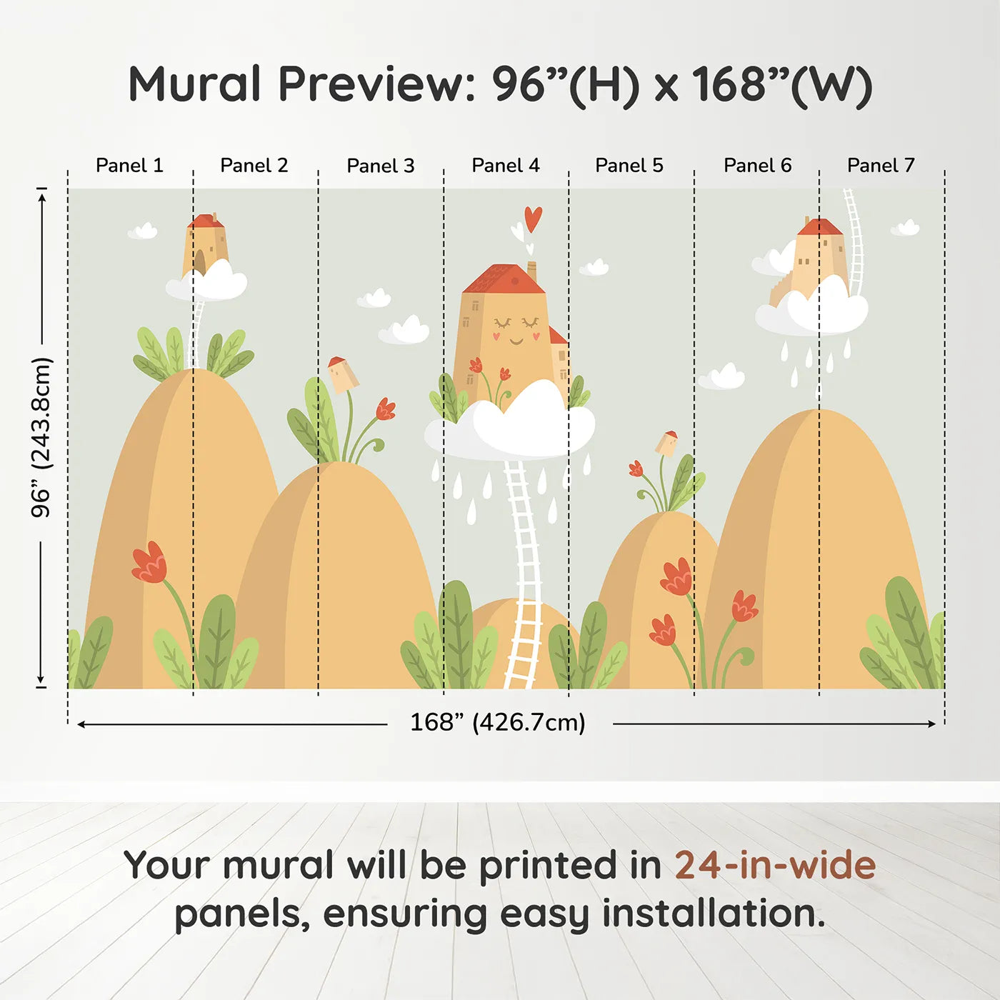 Whimsy Tots Houses in the Clouds Wall Mural in Beigedimension view (96" H x 168" W). Printed in seven 24-inch-wide panels. Gender-Neutral
