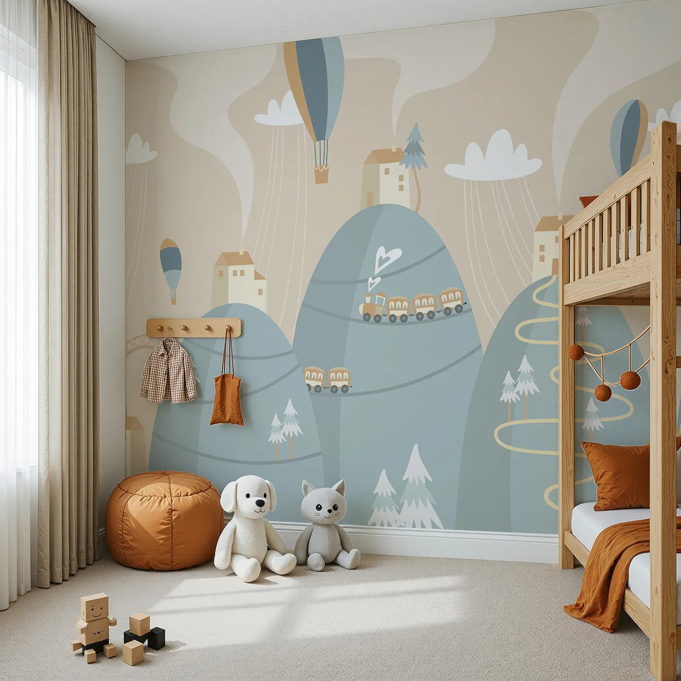 Angled view of Whimsy Tots' Mountain Train Adventure Wall Mural (Turn Their Room into a Scenic Hillside Journey).Gender-Neutral