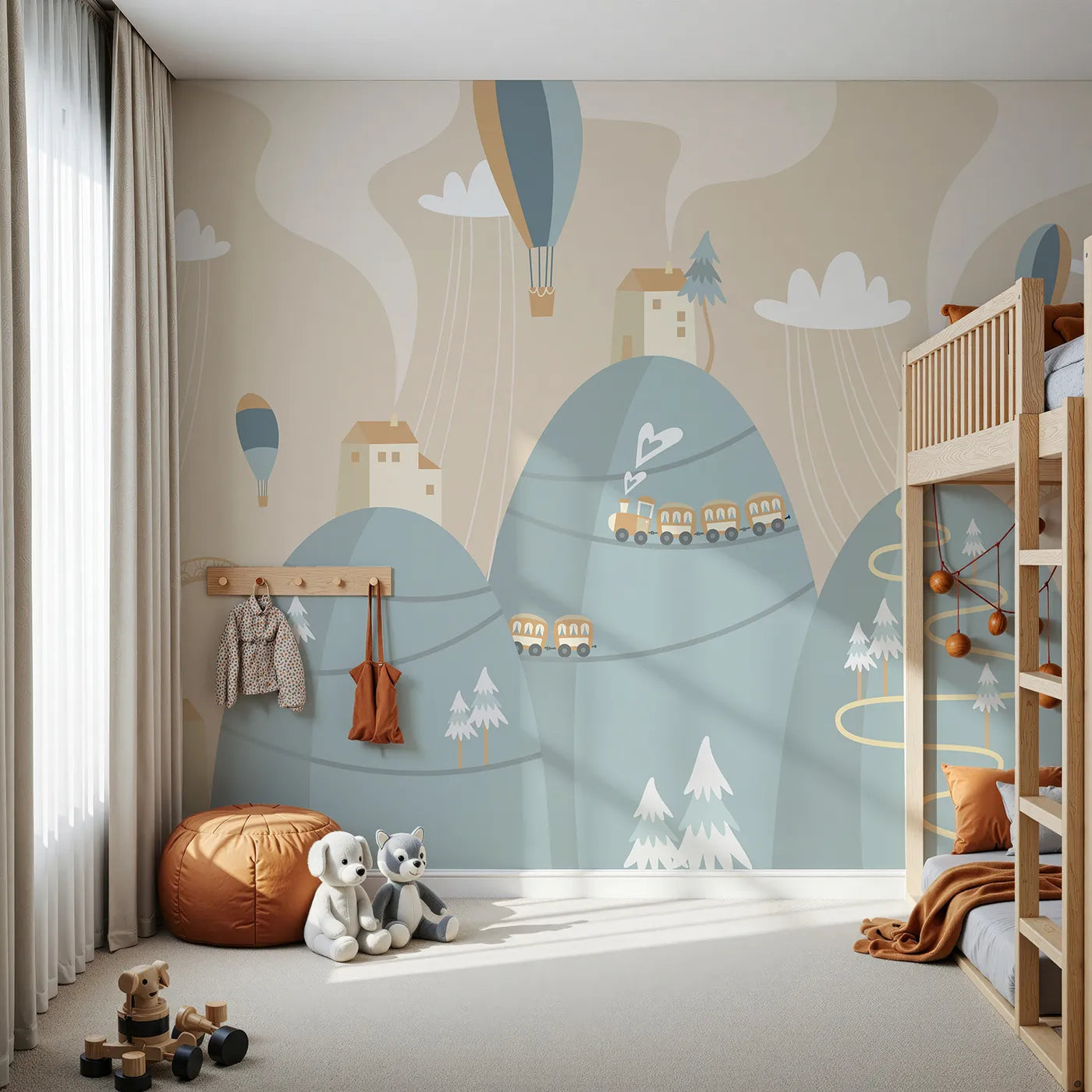 Front view of Whimsy Tots' Mountain Train Adventure Wall Mural