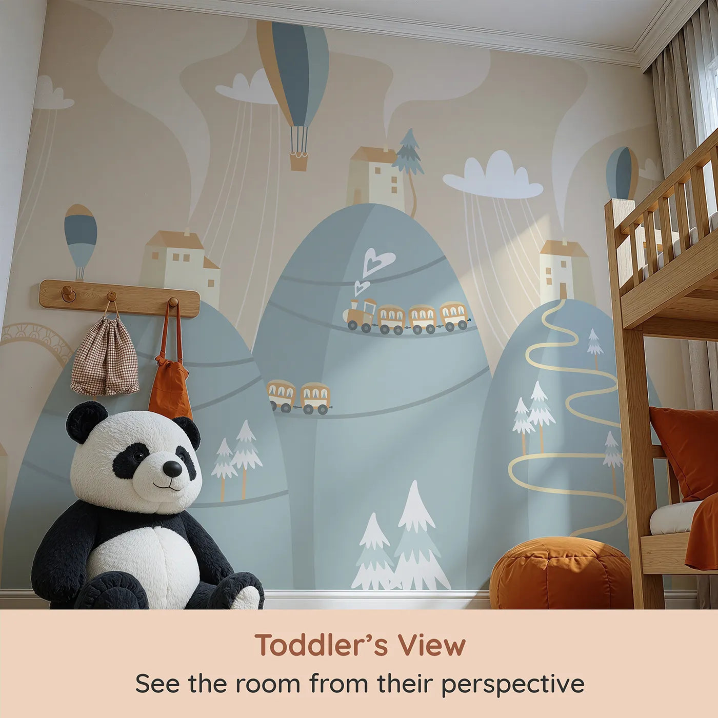 Whimsy Tots Mountain Train Adventure Wall Mural (Turn Their Room into a Scenic Hillside Journey) from your child's view.Gender-Neutral