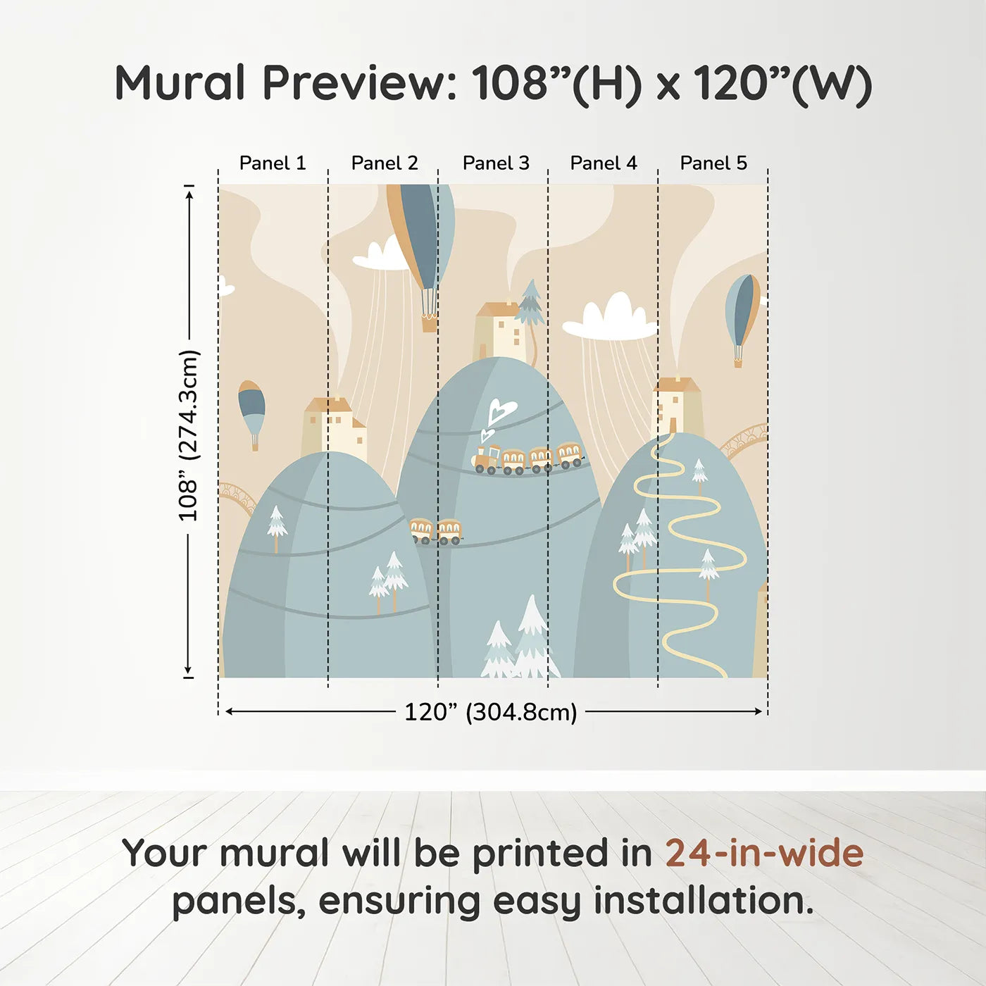 Whimsy Tots Mountain Train Adventure Wall Muraldimension view (108" H x 120" W). Printed in five 24-inch-wide panels. Gender-Neutral