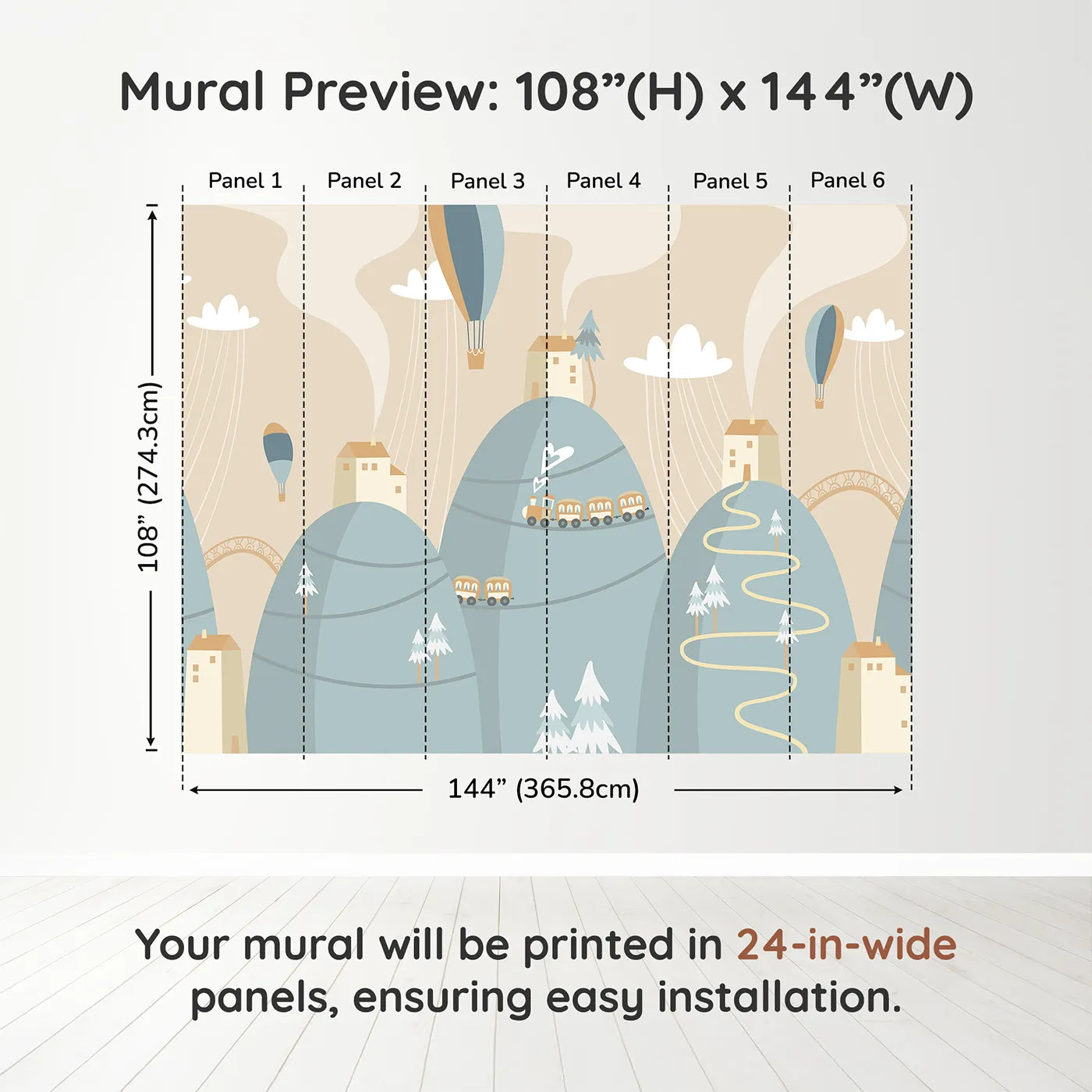 Whimsy Tots Mountain Train Adventure Wall Muraldimension view (108" H x 144" W). Printed in six 24-inch-wide panels. Gender-Neutral