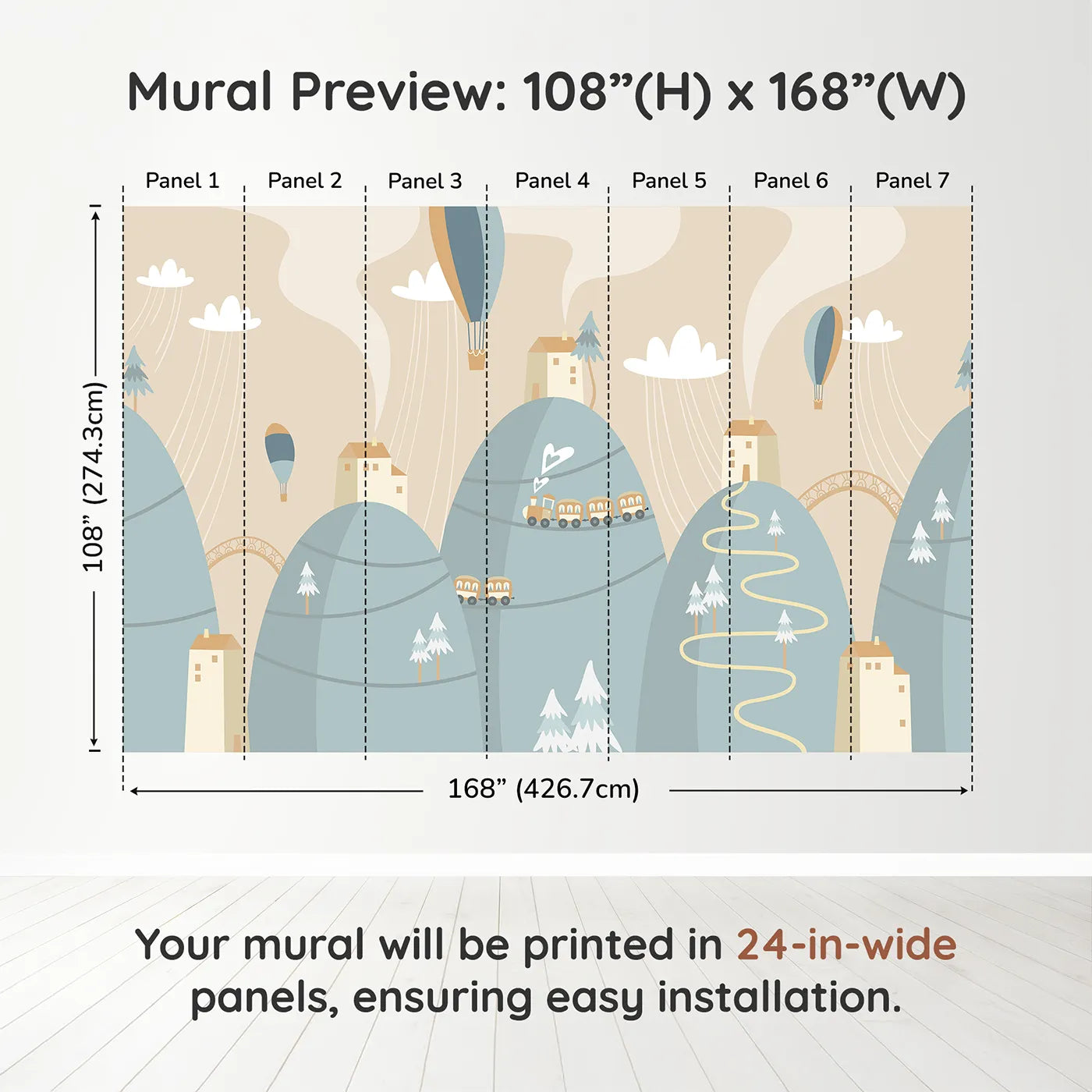 Whimsy Tots Mountain Train Adventure Wall Muraldimension view (108" H x 168" W). Printed in seven 24-inch-wide panels. Gender-Neutral