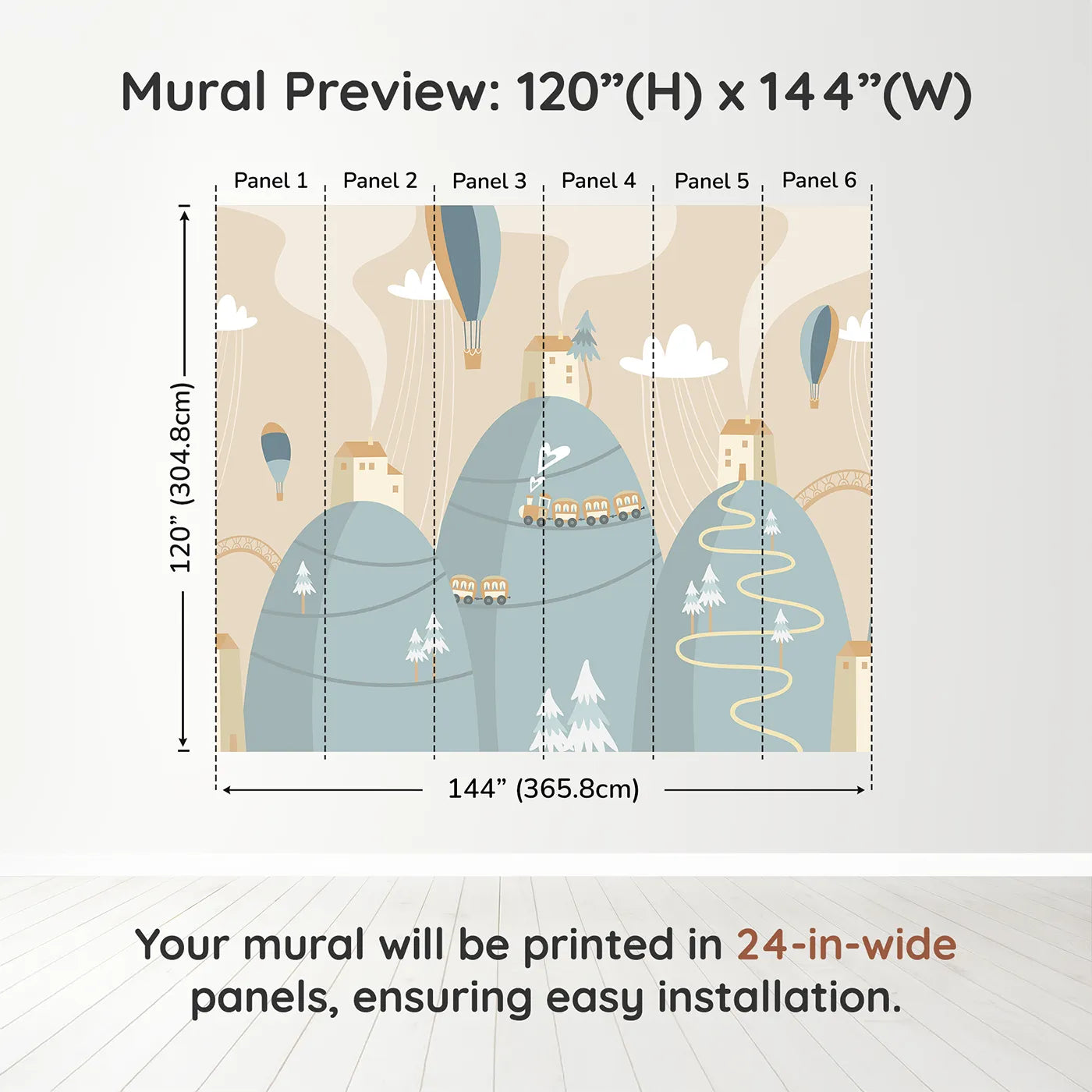Whimsy Tots Mountain Train Adventure Wall Muraldimension view (120" H x 144" W). Printed in six 24-inch-wide panels. Gender-Neutral