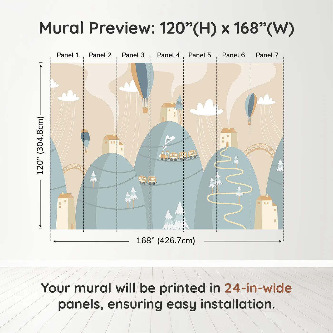 Whimsy Tots Mountain Train Adventure Wall Muraldimension view (120" H x 168" W). Printed in seven 24-inch-wide panels. Gender-Neutral