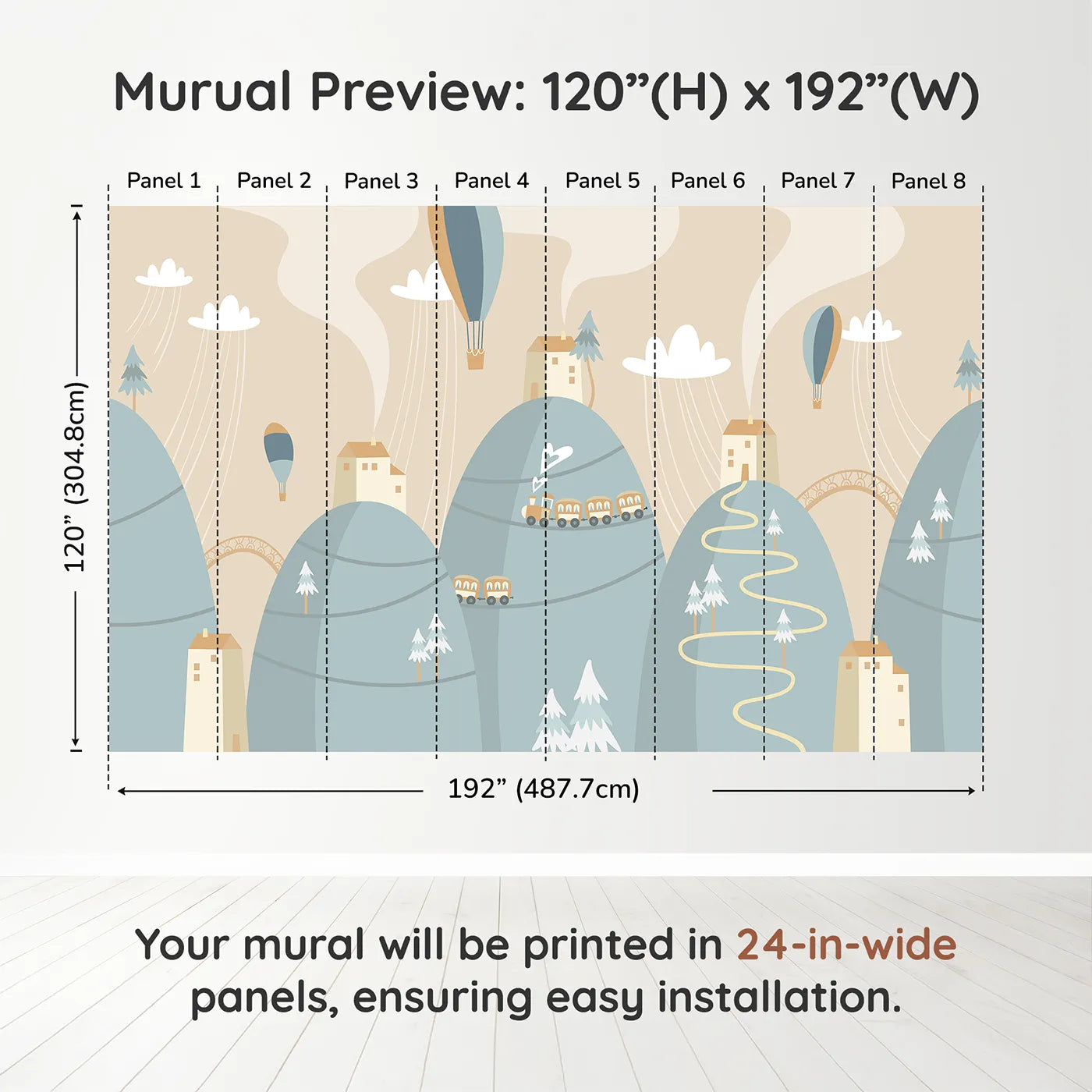 Whimsy Tots Mountain Train Adventure Wall Muraldimension view (120" H x 192" W). Printed in eight 24-inch-wide panels. Gender-Neutral