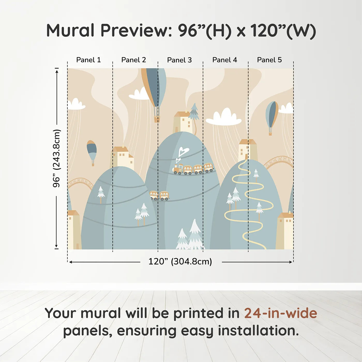 Whimsy Tots Mountain Train Adventure Wall Muraldimension view (96" H x 120" W). Printed in five 24-inch-wide panels. Gender-Neutral
