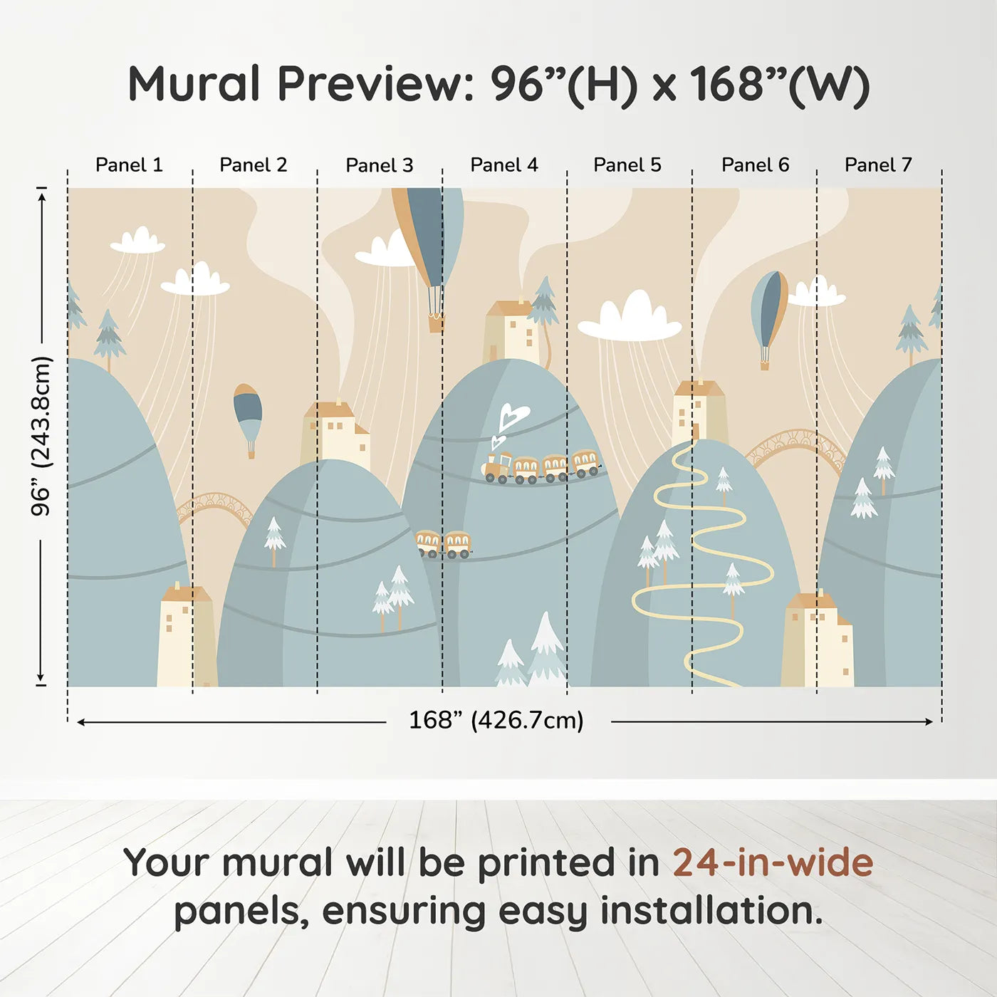 Whimsy Tots Mountain Train Adventure Wall Muraldimension view (96" H x 168" W). Printed in seven 24-inch-wide panels. Gender-Neutral
