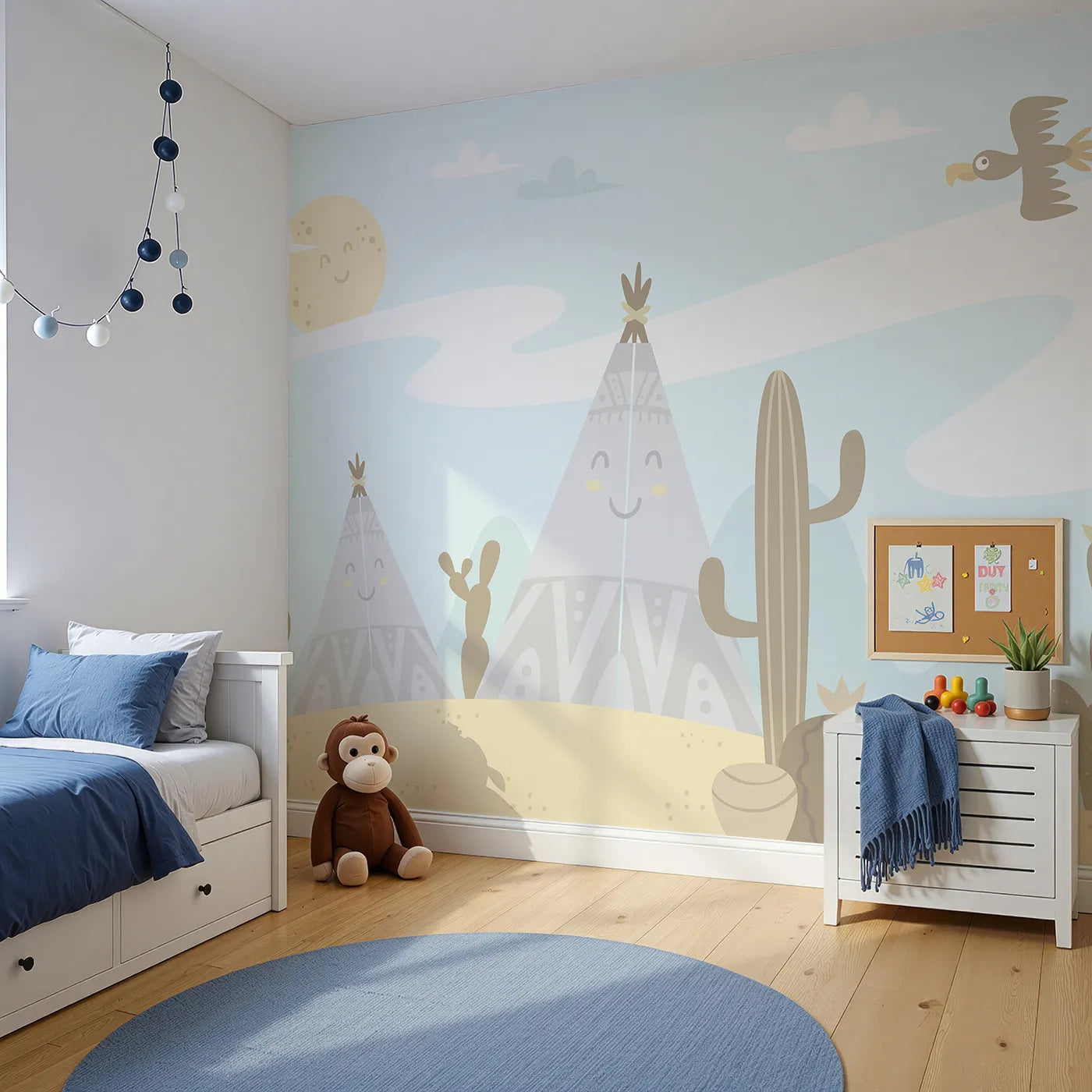 Angled view of Whimsy Tots' Smiling Teepee Desert Wall Mural (Turn Their Room into a Sweet and Sunny Desert).Gender-Neutral