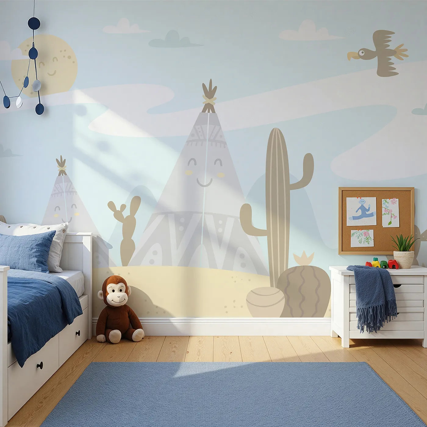 Front view of Whimsy Tots' Smiling Teepee Desert Wall Mural