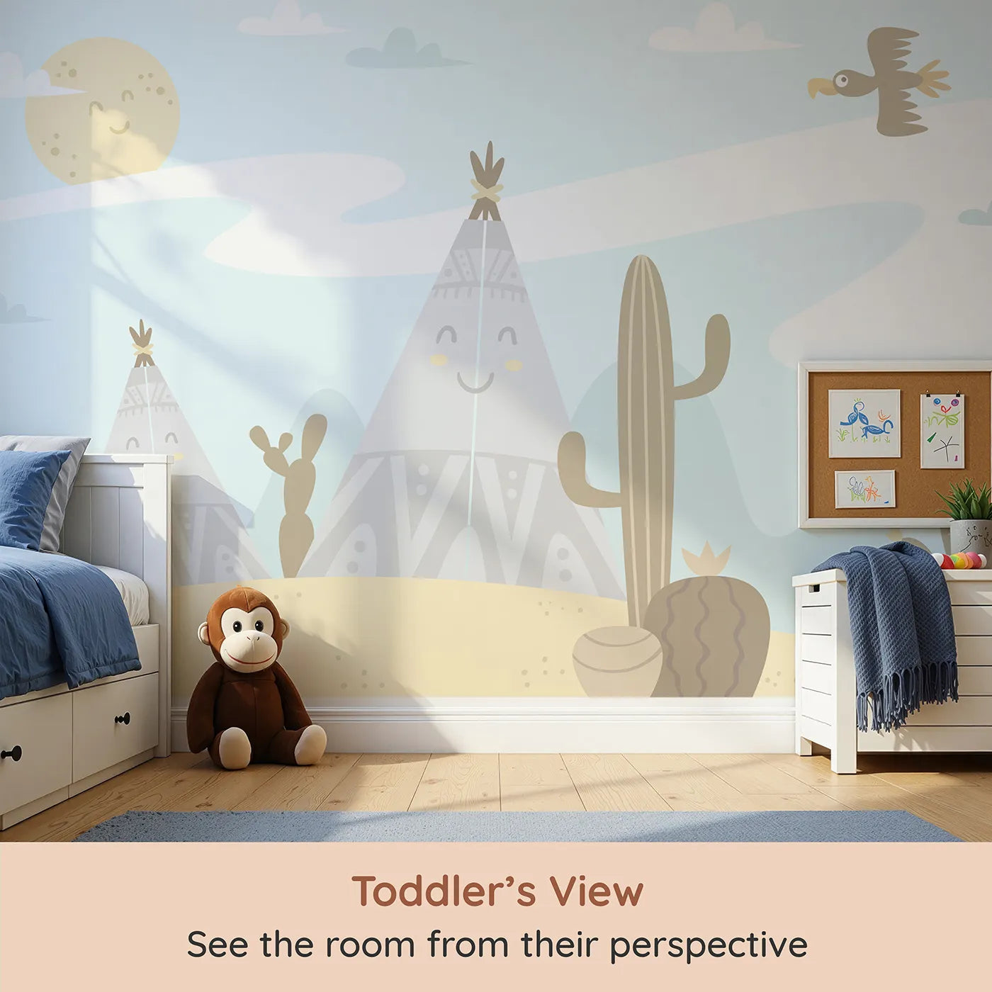 Whimsy Tots Smiling Teepee Desert Wall Mural (Turn Their Room into a Sweet and Sunny Desert) from your child's view.Gender-Neutral