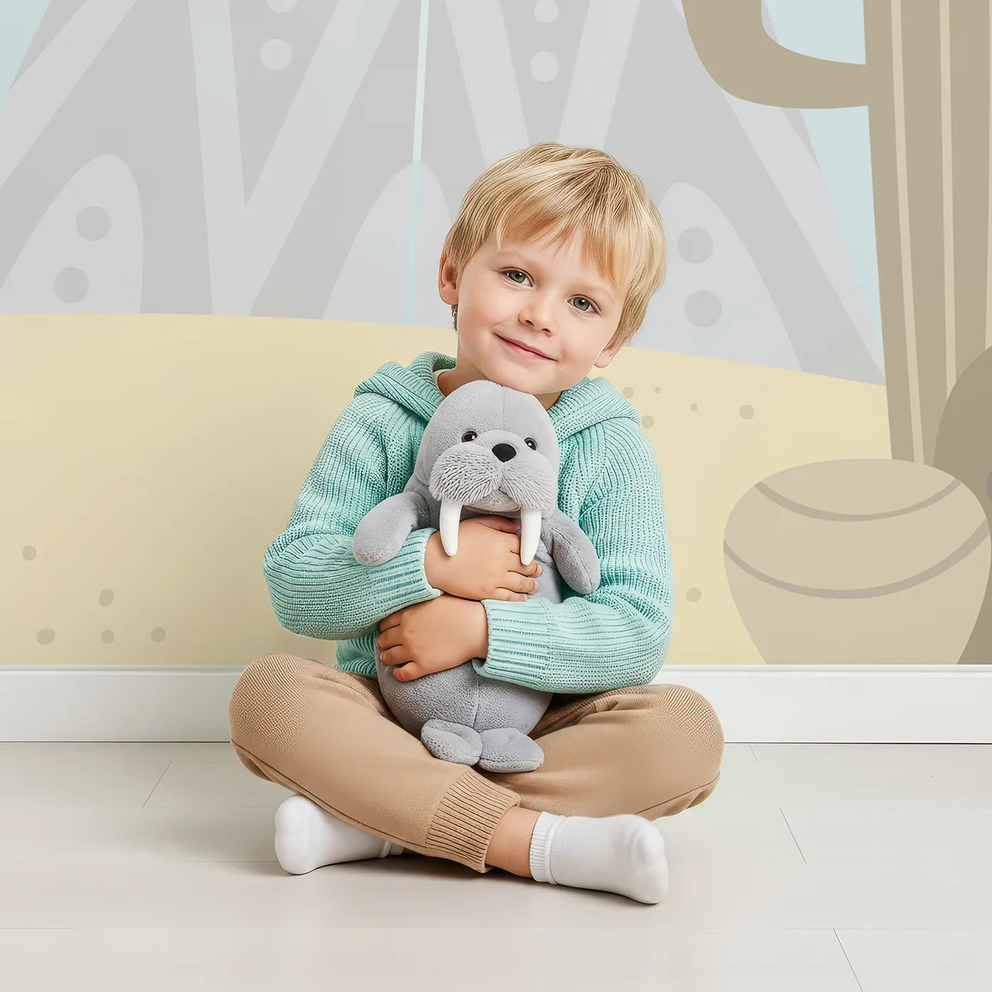 Child in front of Whimsy Tots Smiling Teepee Desert Wall Mural with teepee, cactus, desert, sun, bird, sand, nature in design.