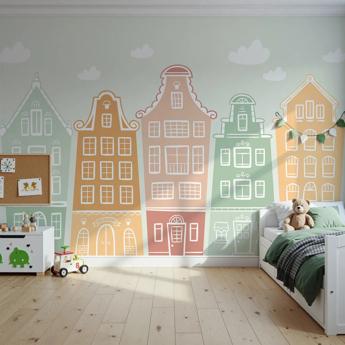 Front view of Whimsy Tots' Pastel Amsterdam Houses Wall Mural