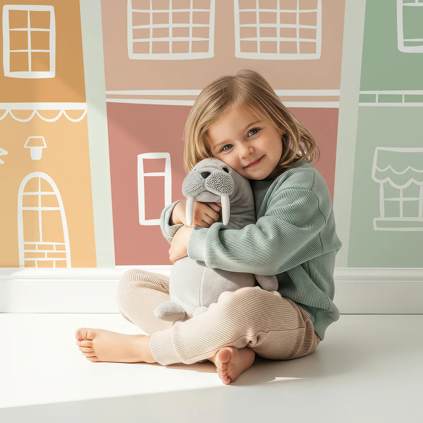 Child in front of Whimsy Tots Pastel Amsterdam Houses Wall Mural with house, amsterdam, city, building, street, town in design.