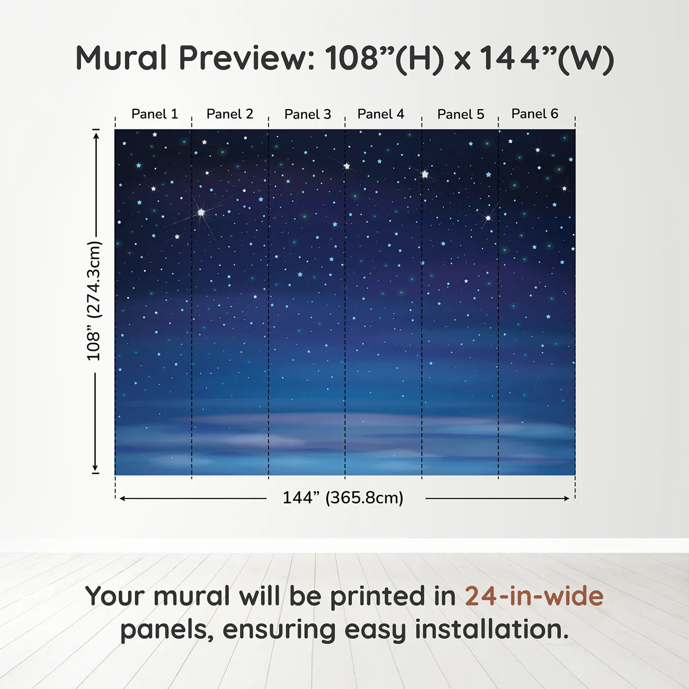 Whimsy Tots Deep Blue Starry Night Wall Muraldimension view (108" H x 144" W). Printed in six 24-inch-wide panels. Gender-Neutral