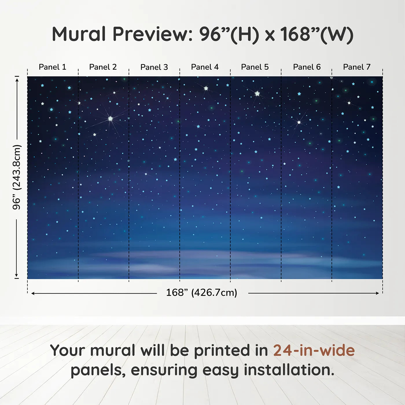Whimsy Tots Deep Blue Starry Night Wall Muraldimension view (96" H x 168" W). Printed in seven 24-inch-wide panels. Gender-Neutral