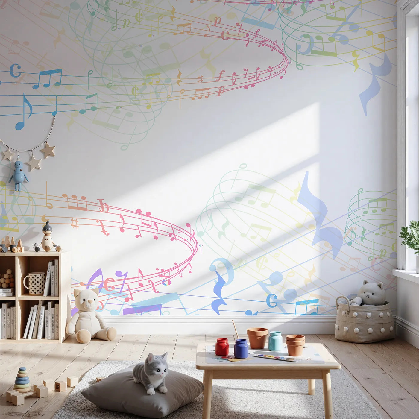 Front view of Whimsy Tots' Rainbow Music Notes Wall Mural