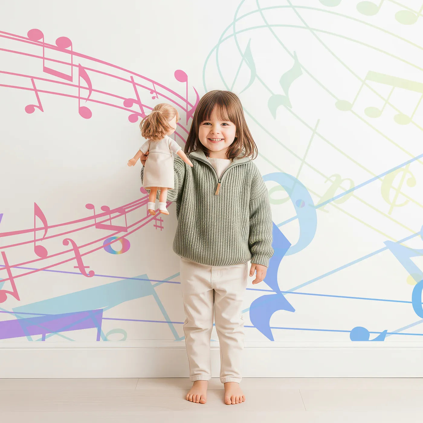 Child in front of Whimsy Tots Rainbow Music Notes Wall Mural with music, note, rainbow, color, clef, musical, art in design.