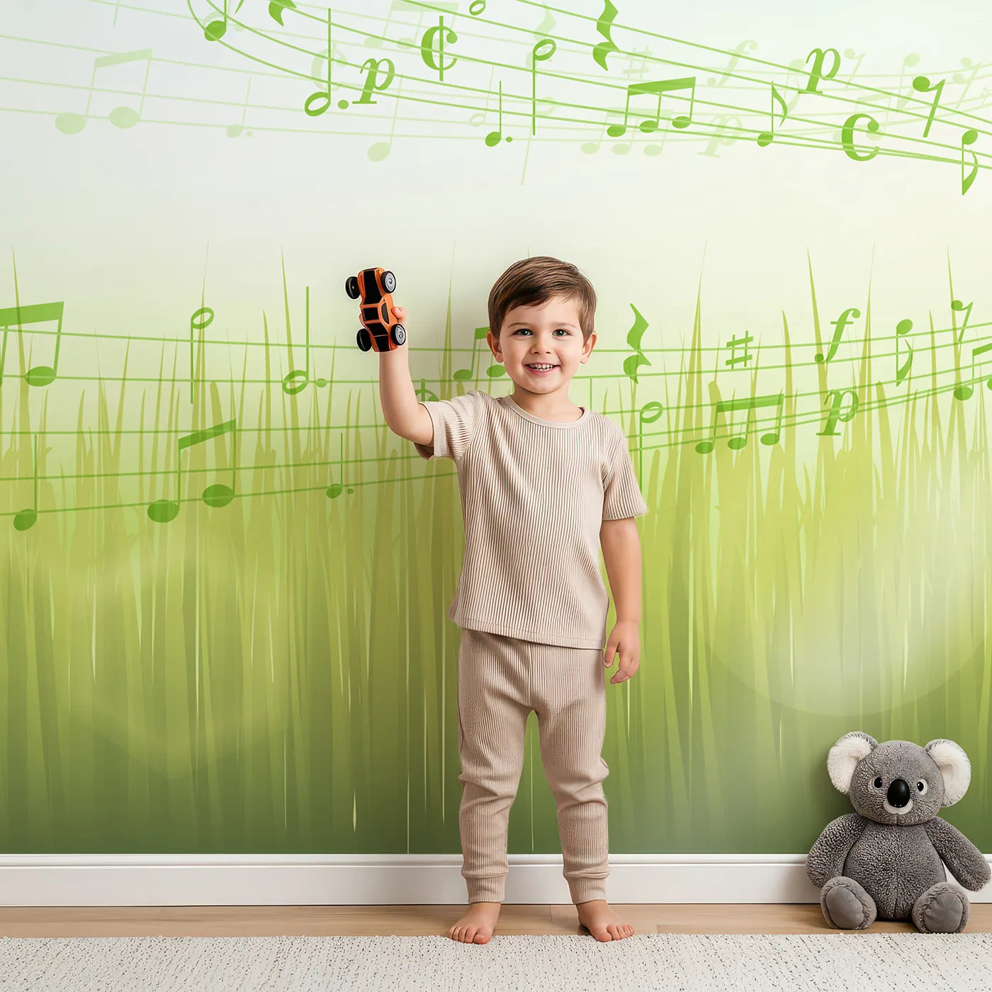 Child in front of Whimsy Tots Song of the Meadow Wall Mural with music, nature, tree, meadow, grass, sun, note, song in design.