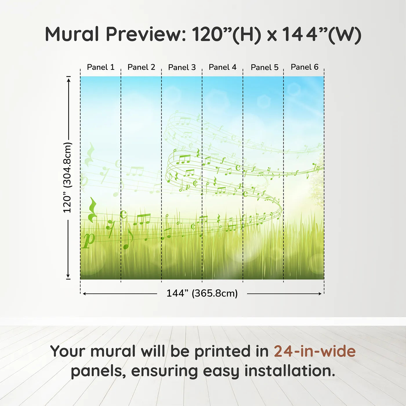 Whimsy Tots Song of the Meadow Wall Muraldimension view (120" H x 144" W). Printed in six 24-inch-wide panels. Gender-Neutral