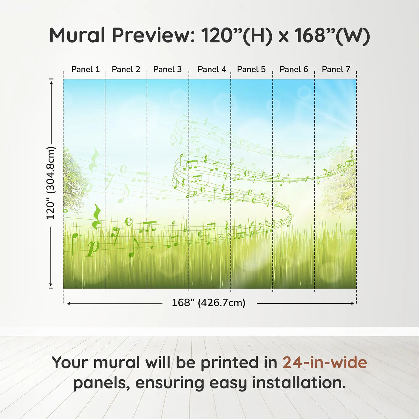 Whimsy Tots Song of the Meadow Wall Muraldimension view (120" H x 168" W). Printed in seven 24-inch-wide panels. Gender-Neutral