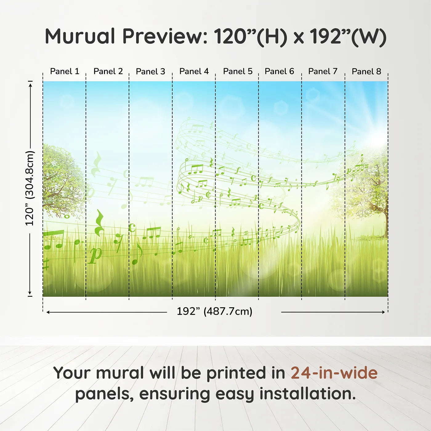 Whimsy Tots Song of the Meadow Wall Muraldimension view (120" H x 192" W). Printed in eight 24-inch-wide panels. Gender-Neutral
