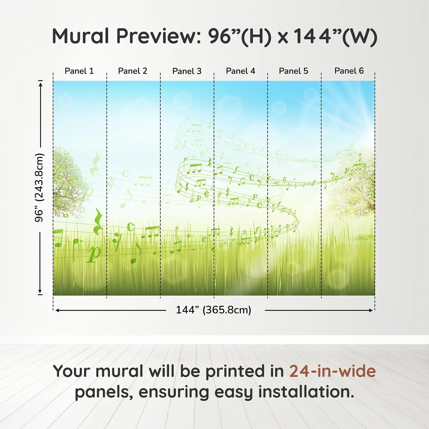 Whimsy Tots Song of the Meadow Wall Muraldimension view (96" H x 144" W). Printed in six 24-inch-wide panels. Gender-Neutral